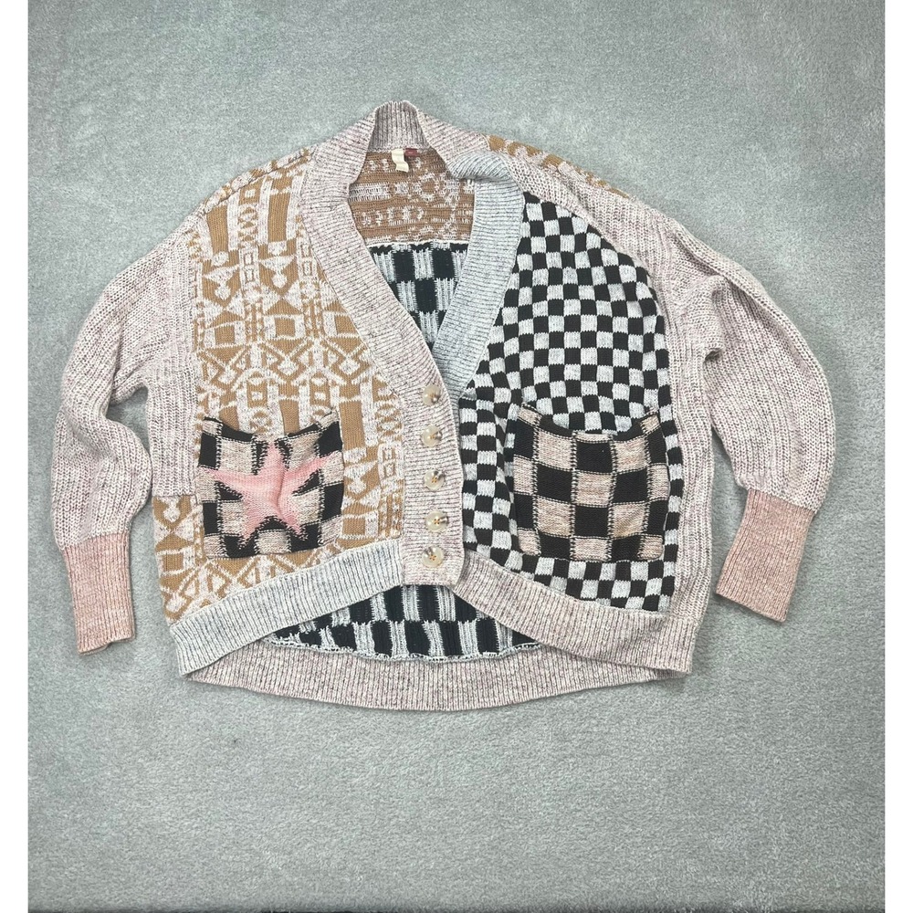 Pilcro Mash Up Sweater Cardigan Anthropologie Mix Patchwork Star Checkerboard S - Picture 5 of 12